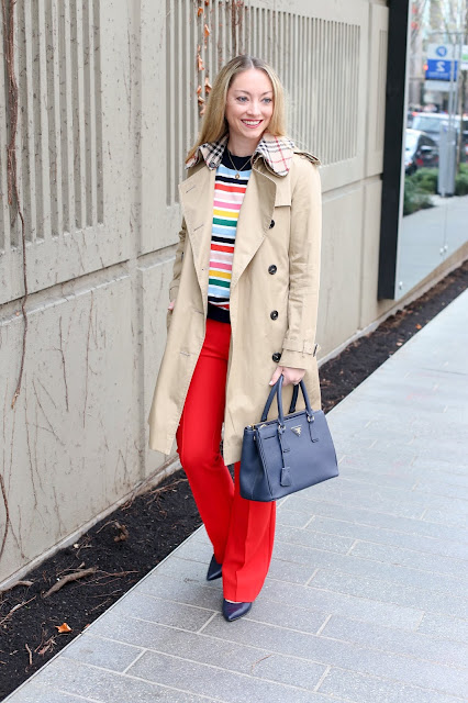 Spring Style: Multicolor Stripe Top + Red Pintucked Pants