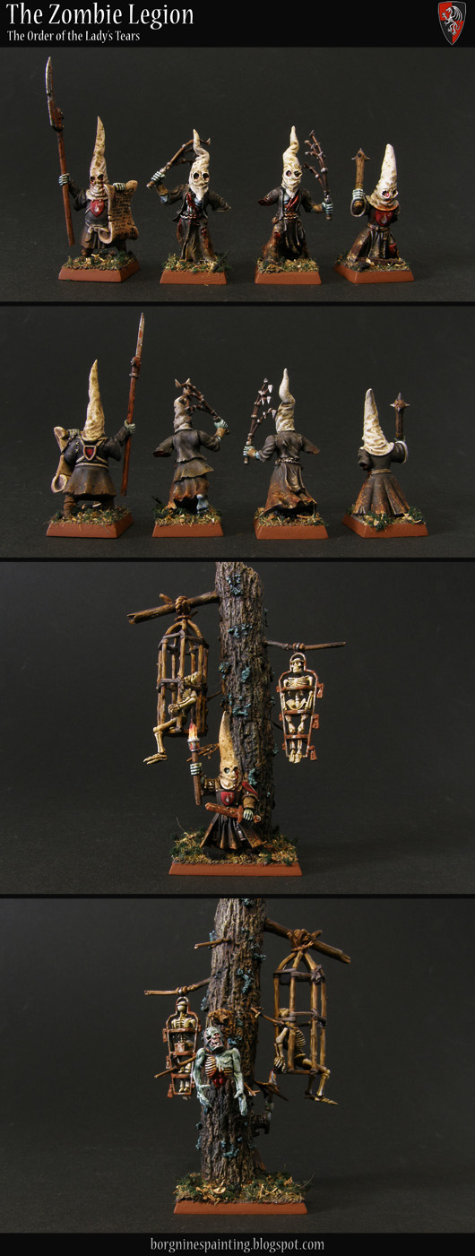 Several miniatures to be used in a Zombie unit. First there are some infantry cultists, some of them bases on Bretonnian Men-at-arms and Empire Flagellants and there's an unit filler, a small diorama, with a scratchnuilt tree on which several corpses are hanging, with another cultist overlooking it.