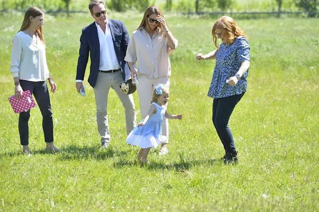 Princess Leonore, Princess Madeleine, Christopher O'Neill  is seen visiting the stables  in Gotland, Sweden. Duchess Leonore Livly Dress