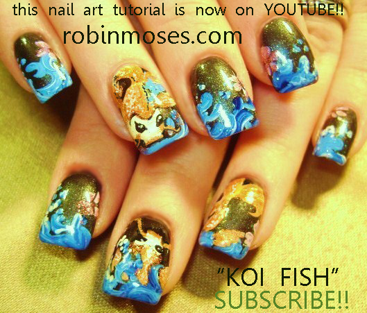koi nail art orange blue bronze nail fish nail pink and teal wedding nail 