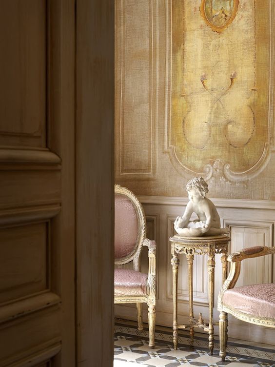 Photo: Claude Smekens, Elegant rose upholstery on formal armchairs - home of Greet Lefevre of Belgian Pearls.