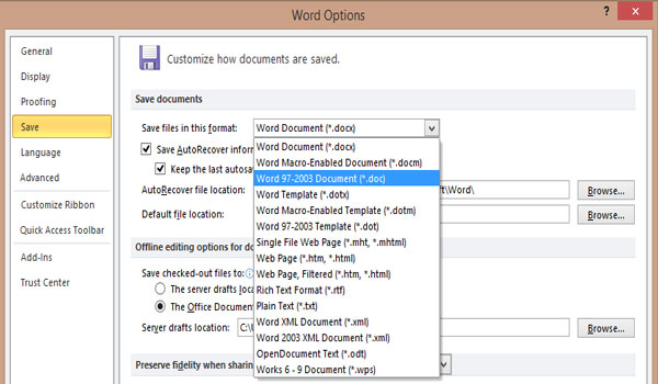 Setting save as default office 2010