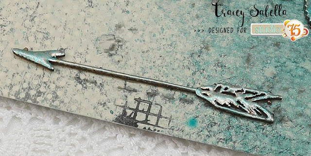 "Journey" Card by Tracey Sabella for Studio75: #studio75 #littlebirdiecrafts #littlebirdieonline #lindysgang #stampendous #mixedmediacard #mixedmedia #patina #steampunk #finnabair #primamarketing #helmar #prills #7gypsies #diycard #diycards #handmadecard #handmadecards #handcraftedcard #handcraftedcards #stencil #chipboard
