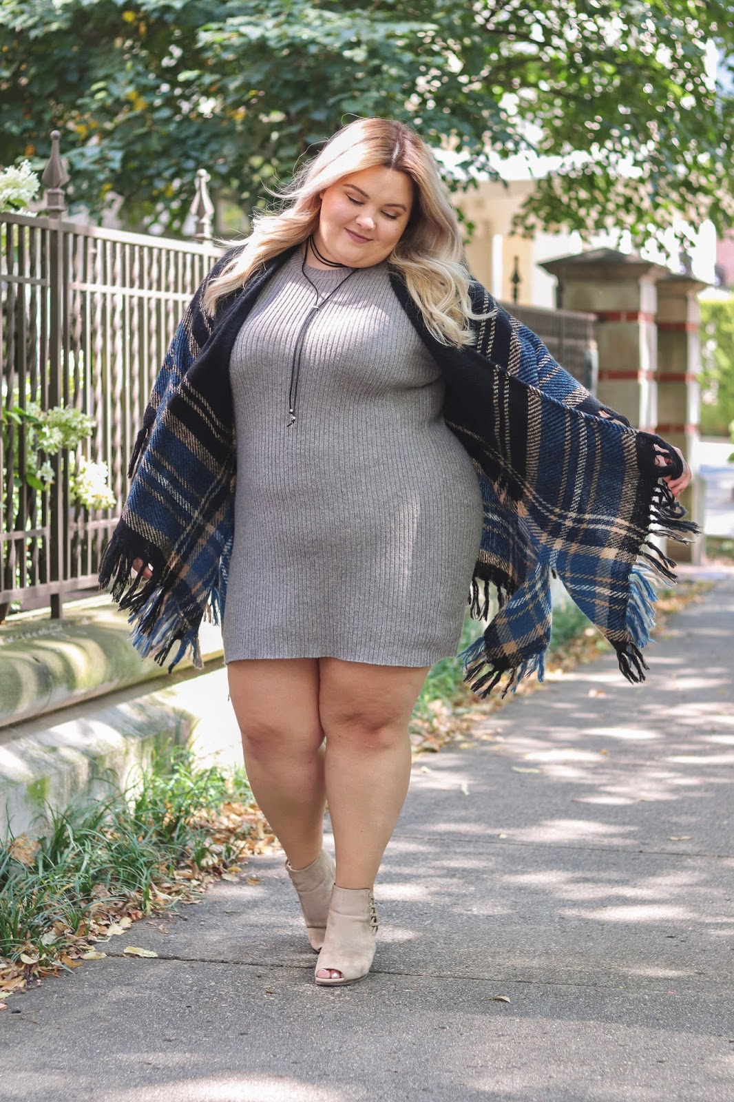 natalie in the city, thigh society, plus size fashion, Chicago fashion blogger, plus size Chicago blogger, Chicago style, anti chafing shorts, anti chafe balm, chub rub, fall 2017 style, plus size sweater dresses, plus size fringe shawls, affordable plus size clothing, back to school plus size, curves and confidence
