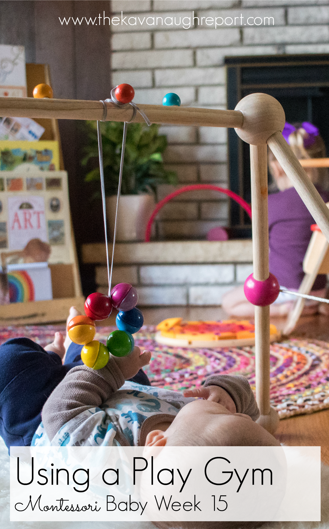 Using a baby play gym as an alternative to a movement area can be a perfect option for many Montessori babies. This allows families to stay together while still keeping the baby engaged in a Montessori mobile.