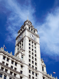 Clock tower of the Wrigley Building on Michigan Avenue in downtown Chicago, Illinois