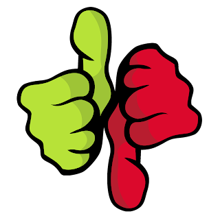 Mãos fazendo sinais de positivo e negativo nas cores verde e vermelho, respectivamente.