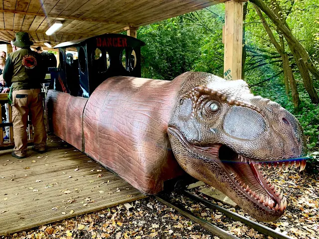 The miniature railway train with a dinosaur head at Paradise Wildlife Park