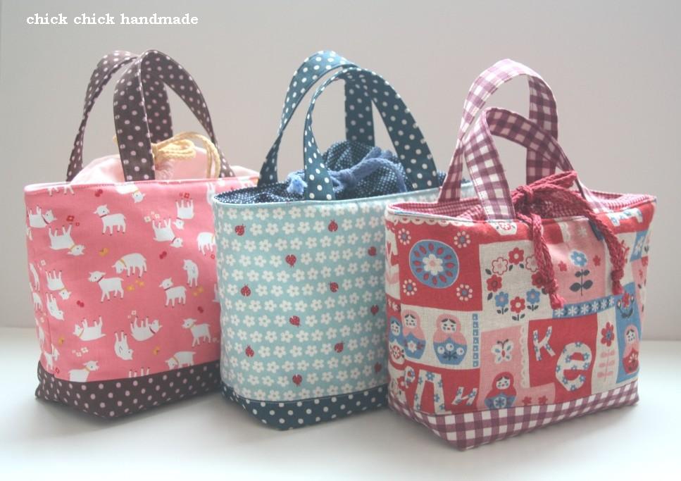 chick chick sewing: Drawstring mini tote bags