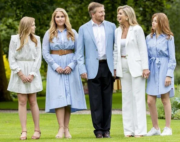 Princess Amalia in Self-portrait dress. Princess Alexia in Tommy Hilfiger dress. Princess Ariane in Maje dress. Queen Maxima