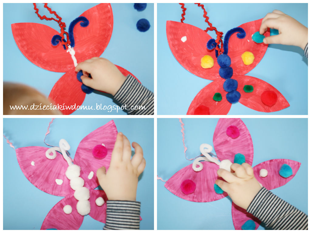 kreatywne motyle z talerzyków papierowych, praca plastyczna dla dzieci