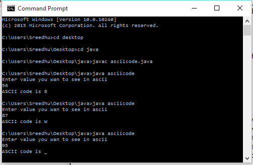 Computer Program: ASCII code of Alphabets in java