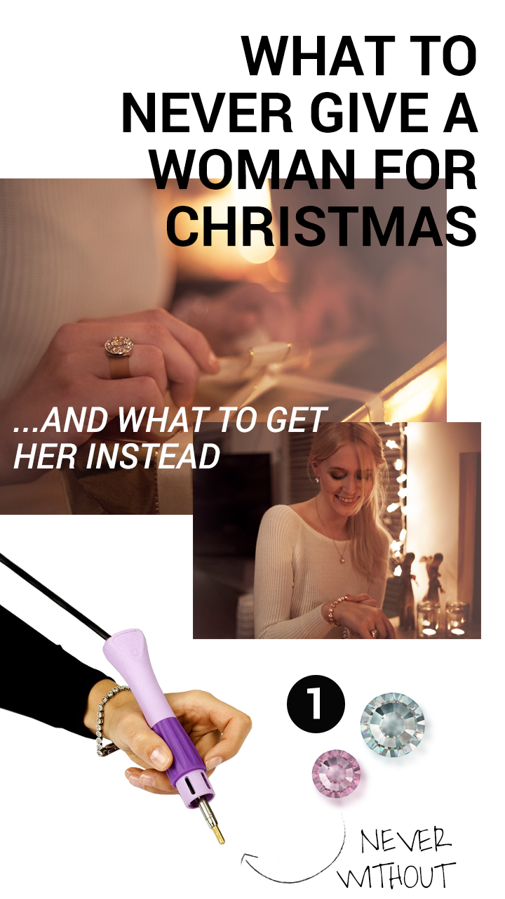 This picture is showing a collage with the items, one should never ever give to a woman for christmas.
