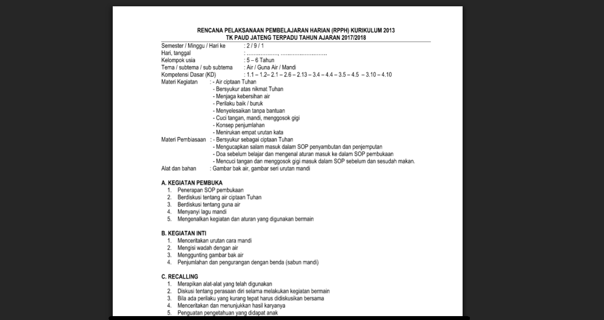 Contoh Rpph Rkh Tk B Minggu 9 17 Semester 2 Rpph Untuk Paud