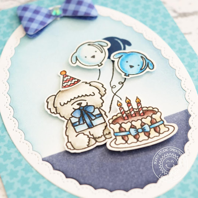 Sunny Studio Stamps: Party Pups Fancy Frames Monochromatic Puppy Birthday Card by Lexa Levana