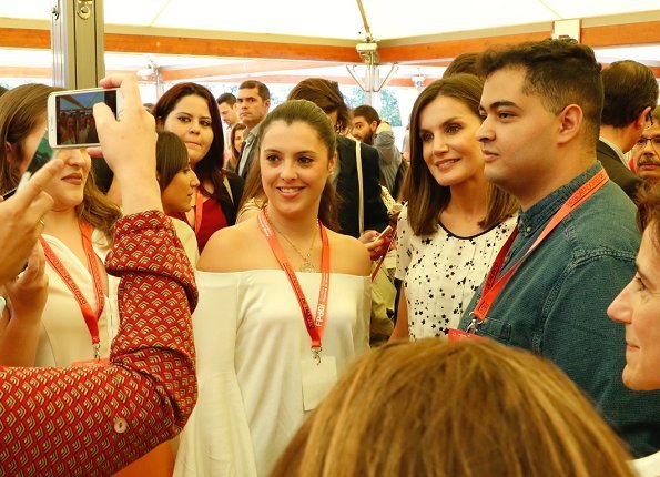 Queen Letizia wore Massimo Dutti Silk Shirt Star Print, she carried Uterque bag for Girona Foundation's meeting at Malavella Hotel Camira in Girona