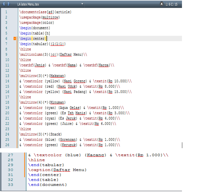 Fauzan Daffa M Memberi warna, bold, table, caption di LATEX