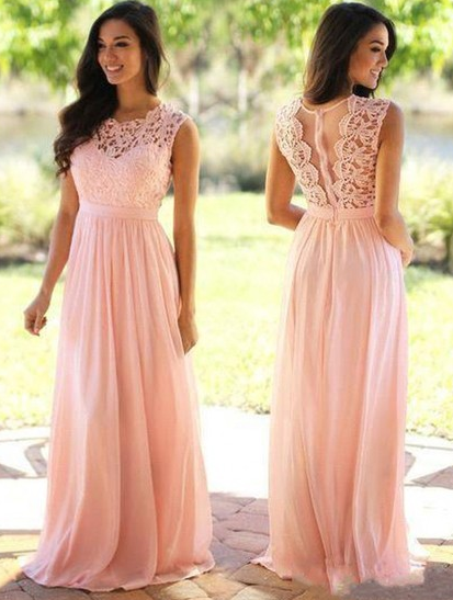  Affordable A-line Scoop Neck Lace Chiffon Floor-length Prom Dress