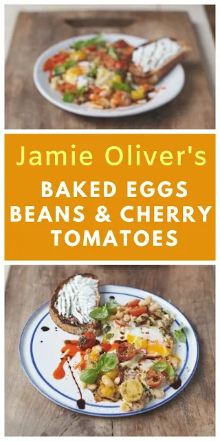 Jamie Oliver's Baked Eggs in Popped Beans and Cherry Tomatoes for the Perfect Vegetarian Breakfast from Everyday Super Food cookbook. #breakfast #vegetarianbreakfast #jamieoliver #jamieoliverrecipes #breakfastrecipe #healthybreakfast #easybreakfast #beans #cherrytomatoes #tomatoes #ricotta #toast