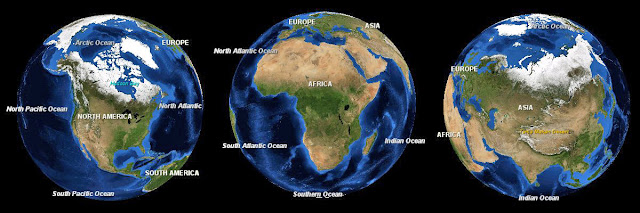 Uydu görüntüleri Afrika (ortada), Kuzey Amerika (sol) ve Avrasya (sağ)
