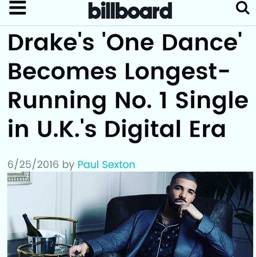 Drake's One Dance longest running number 1 single on Billboard