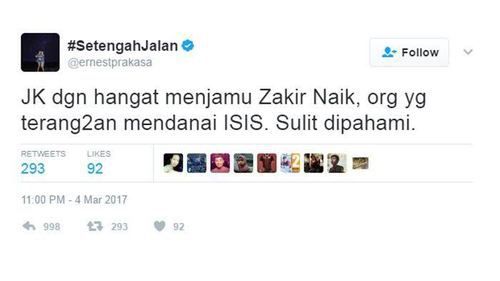 Setelah Memfitnah Dr Zakir Naik, Ernest Prakasa Minta Maaf, Begini Ucapannya