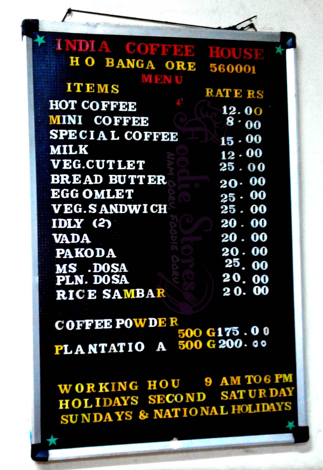 India Coffee House Canteen Menu