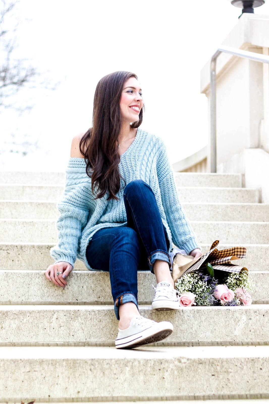 Sunny Afternoon V-neck Sweater Chicwish, chunky knit carolina blue sweater, winter outfit idea, casual winter outfits, fashion blogger NC, chicwish sweater, oversized knit sweater in light blue, north carolina blog, pretty in the pines, dark skinny jeans, converse shoreline sneakers