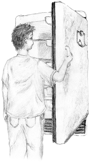 Image; A young man with short, uncombed hair, pulls open a refrigerator, which is empty. The racks appear bare, and the shelves on the door have nothing in them. Even the little light appears burnt out!