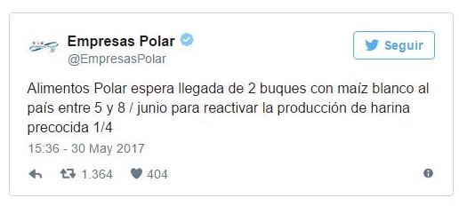 Polar informa (+Tuits) que recibirá materia prima para reactivar la producción de harina PAN Polar informa (+Tuits) que recibirá materia prima para reactivar la producción de harina PAN