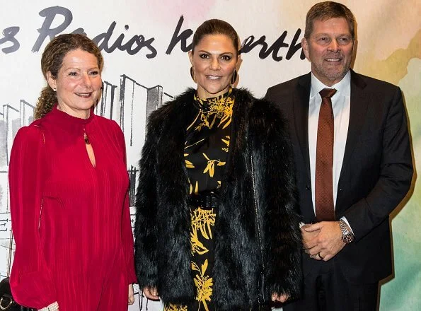 Crown Princess Victoria wore Dagmar Dora gold flower dress, and Unreal Fur Wanderlust jacket, and gold leaf earrings