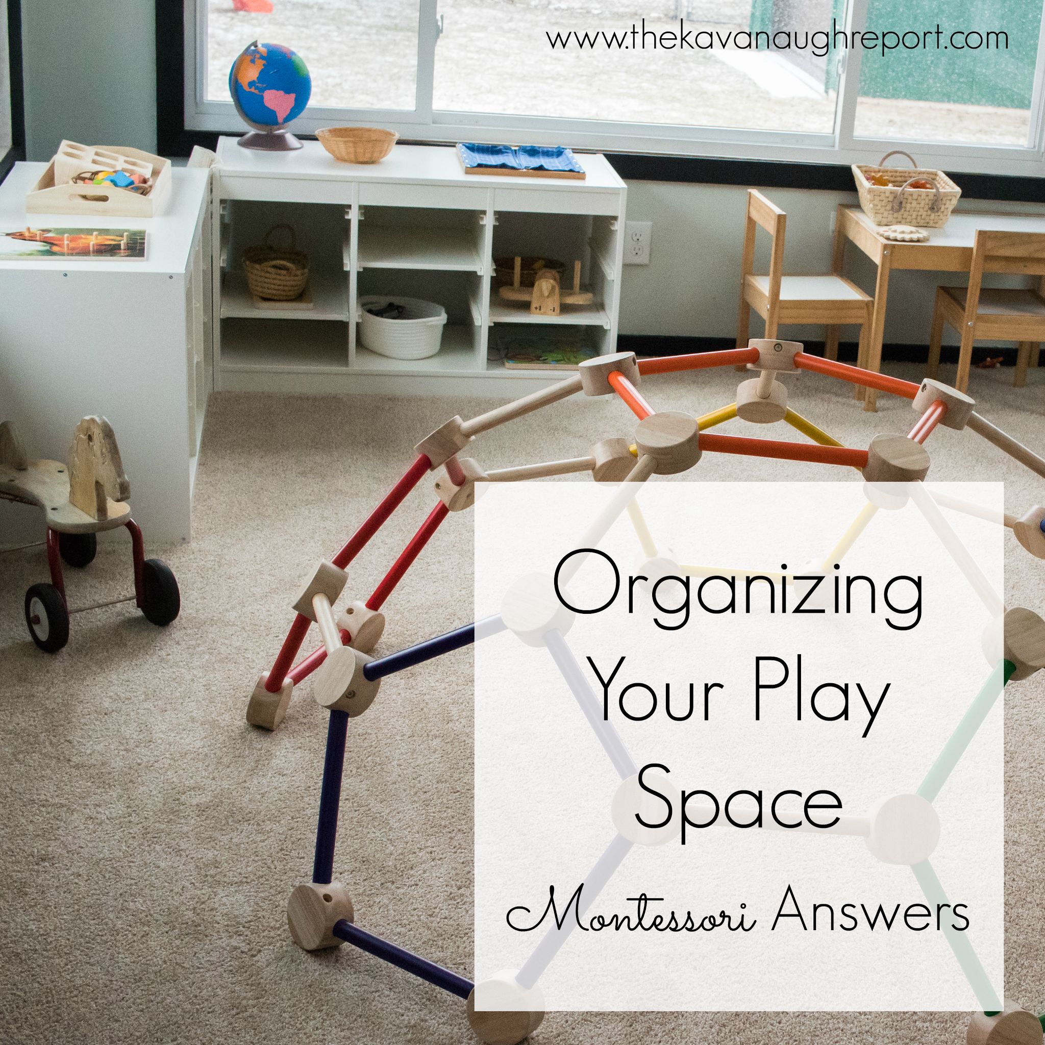 Ideas and tips for organizing your Montessori playroom. Here are some thoughts on how to make your play space accessible and organized for children.