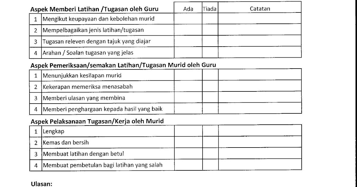 Contoh Borang Penyemakan Buku Latihan Murid - IMAGESEE