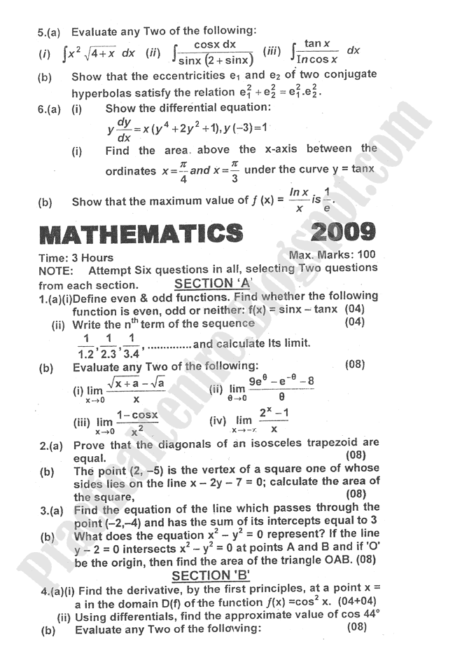 Mathematics-2009-five-year-paper-class-XII