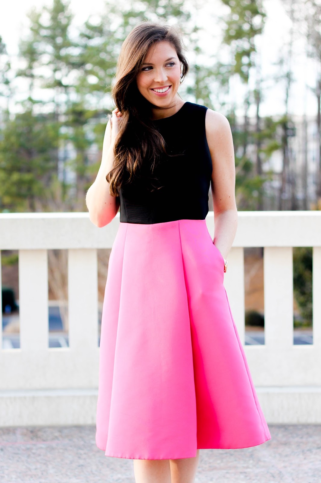 Kate Spade Bow back colorblock dress, Rent the Runway Valentine's dress, Rent the Runway wedding dress idea, NC Fashion Blogger, Stella Dot earrings, fossil tan leather watch with rose gold face, pretty in the pines blog