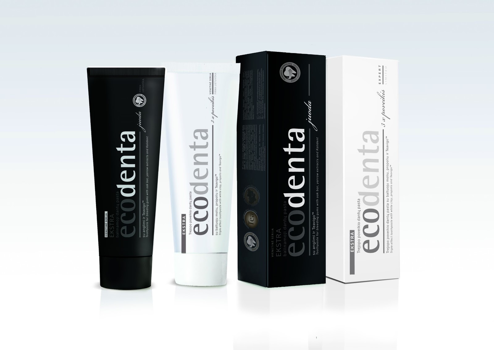 ECODENTA Black and White Toothpastes on Packaging of the World