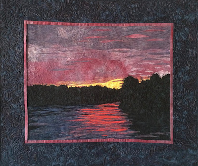 art quilt, thread painting, sunset,