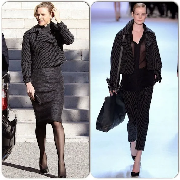 Princess Charlene of Monaco wore Akris wool Short Jacket in Gray