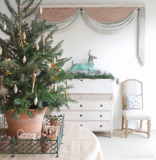 Swedish antique secretary in timeless room decorated for Christmas by Tone on Tone Antiques