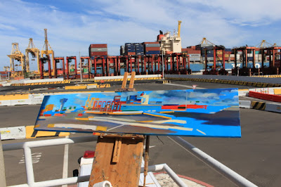 plein air oil painting by artist Jane Bennett of the last non automated straddle cranes operating at Patrick Terminal Port Botany