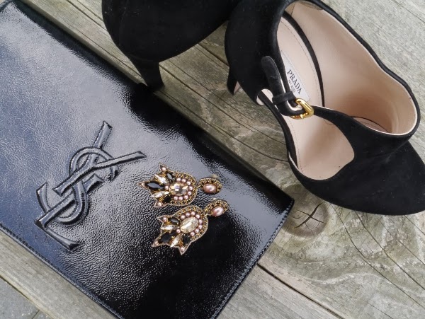 Details: Saint Laurent 'Belle de Jour' clutch in black patent, Prada black suede booties, LOFT beaded statement earrings
