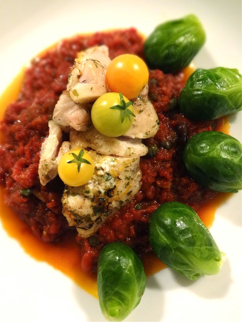 Scrumpdillyicious Grilled Grouper with Tomato Caper Sauce & Sprouts