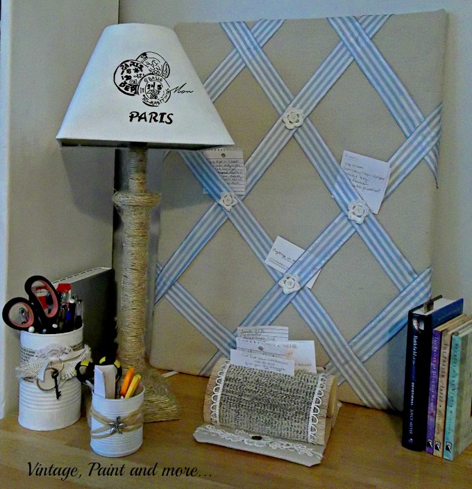 Vintage, Paint and more... DIY twine wrapped lamp, stenciled lamp shade, recycled tin cans, recycled book page note holder