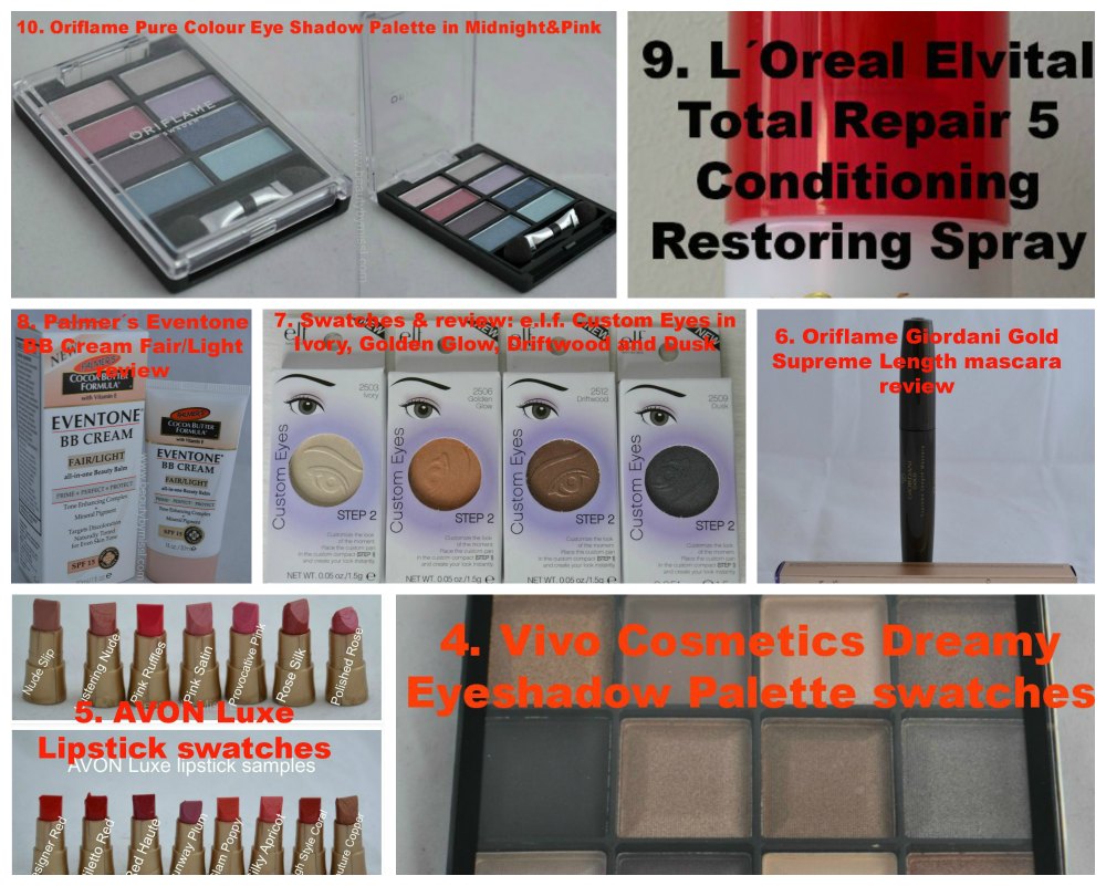 Oriflame Pure Colour Eye Shadow Palette in Midnight&Pink, L´Oreal Elvital Total Repair 5 Conditioning Restoring Spray, Palmer´s Eventone BB Cream Fair/Light, e.l.f. Custom Eyes in Ivory, Golden Glow, Driftwood and Dusk, Oriflame Giordani Gold Supreme Length mascara, AVON Luxe Lipsticks, Vivo Cosmetics Dreamy Eyeshadow Palette