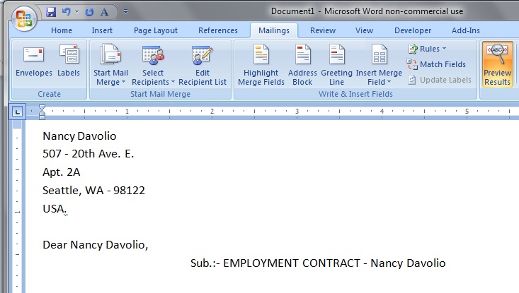 you can preview the document by selecting mailings preview results at any stage of the preparation of document the sample preview of the above test