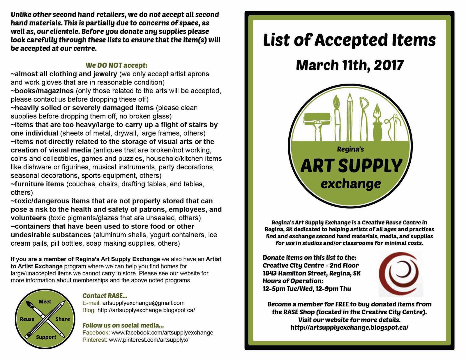Regina's Art Supply Exchange List of Accepted Items