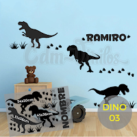vinilo decorativo infantil dinosaurio t-rex huellas nombre personalizado decoracion habitacion niño