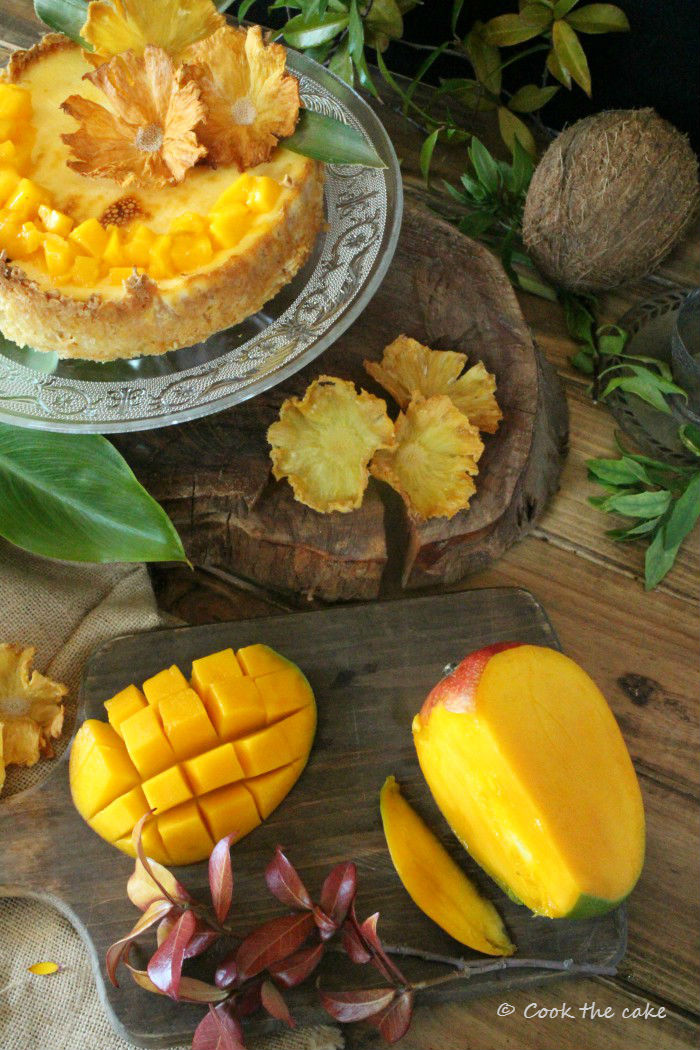 tropical-cheesecake, tarta-de-coco-piña-y-mango, coconut-pineapple-and-mango-cheesecake