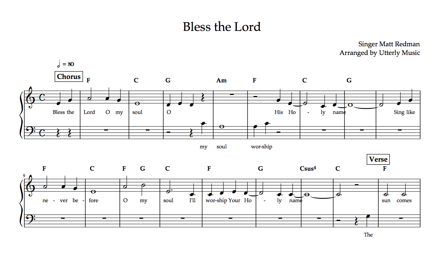 Utterly Music Piano Scores 10 000 Reasons By Matt Redman Easy With Chord