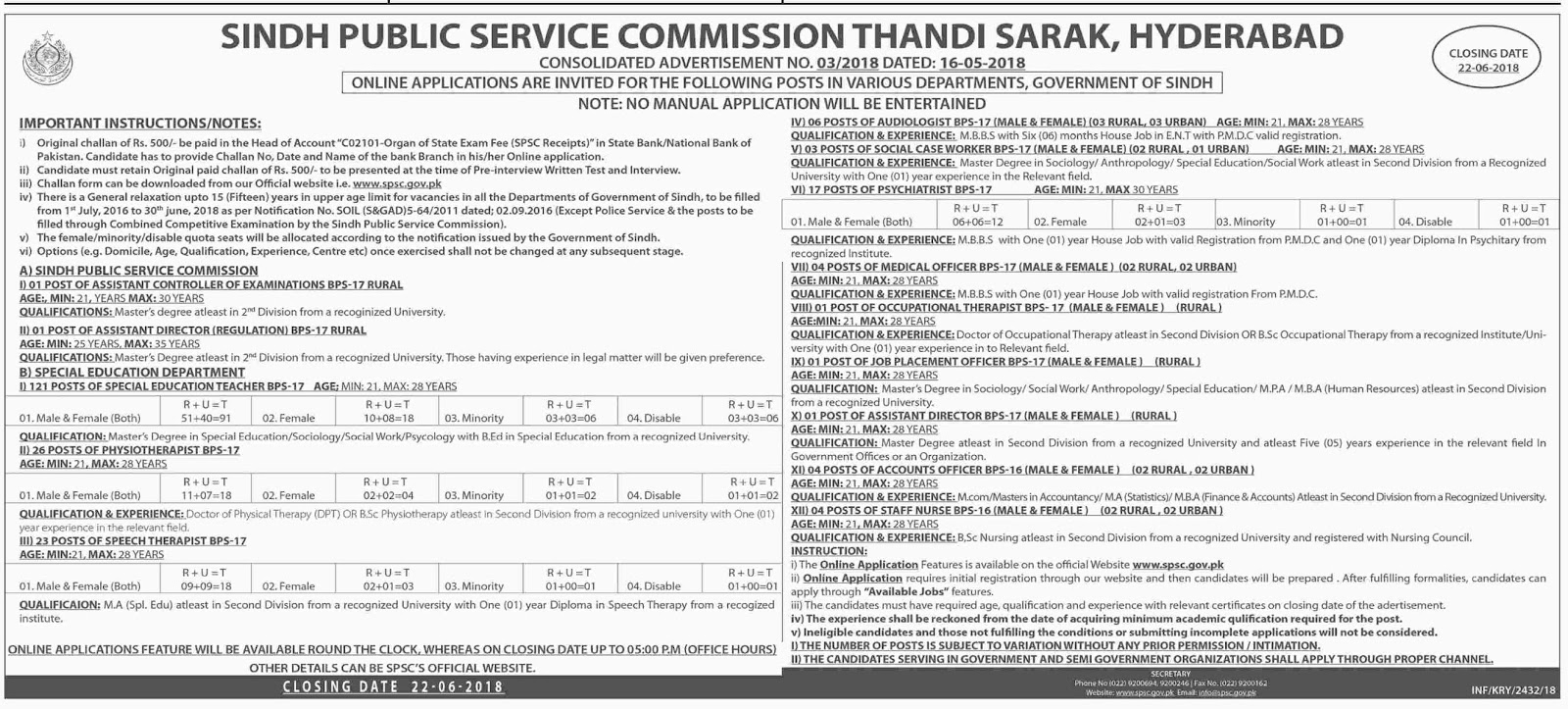 Jobs In SPSC Latest May 2018 Online Apply Advertisement No.03/2018